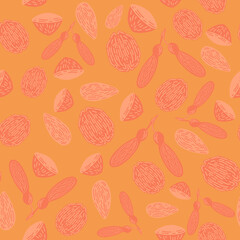 Nuts seamless pattern. Vector background of dry nuts and seeds. Food texture for grocery, pink and yellow color