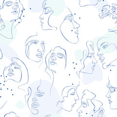 One line face seamless pattern. Abstract woman and man faces. White background
