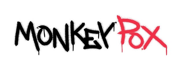 Graffiti Monkey pox word with splash effects and drops in black and red on white background. Urban street graffiti style. Print for graphic tee, sweatshirt, poster, sticker. Vector illustration.