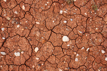 Nature background of cracked dry lands. Natural texture of soil with cracks. Broken clay surface of barren dryland wasteland close-up. Full frame to terrain with arid climate. Lifeless desert on earth
