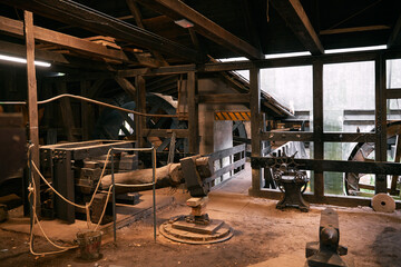 Hardware and tools in the smithy.  Interior of an old blacksmith in Europe.