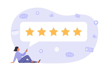 Woman character giving five star feedback on smartphone. Client evaluating product, service. Customer satisfaction assessment concept.