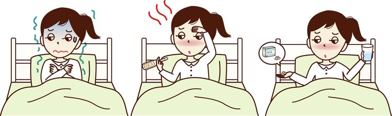 ベッドに入る、体調が悪い若い女性のセットイラスト。悪寒、発熱、薬を飲む。