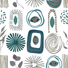 Abstract modern seamless pattern. Simple shapes, eyes, lips and lines  on white background.