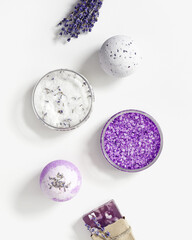 lavender spa products, bath bomb, sea salt, bar of soap, hygiene items for bath and spa with dry lavender flower. Natural cosmetic for beauty treatment and body care, herbal medicine