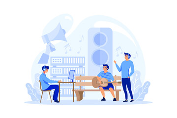 Sound engineer concept. Music production industry, sound recording with a studio equipment. Soundtrack creator or recorder. Vector illustration in cartoon style