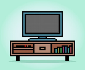 8 Bit Pixel modern Television in Vector Illustration for Game Assets. Flat TV on desk in Pixel Art.