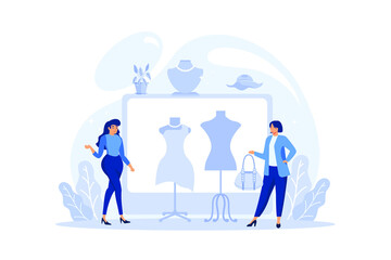 Fashion designer concept. Professional tailor sewing or fitting clothes. Dressmaker working on power sewing machine and taking measurements. Vector flat illustration