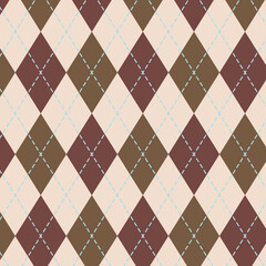 Argyle pattern in white and brown. Traditional geometric vector argyll dark background for gift wrapping, socks, sweater, jumper, or other modern autumn winter classic fashion textile print.