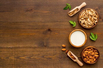 Sweet almond milk with nuts. Organic vegan drink