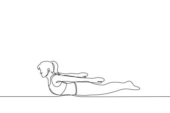 Woman doing asana lying on her stomach with outstretched arms and legs back - one line drawing vector. yoga concept, locust pose - Shalabhasana