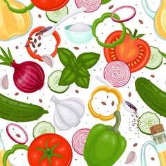 seamless pattern with fresh vegetables. Ingredients for soup. Tomato, basil, garlic, pepper. Colorful vector illustration. Cartoon style