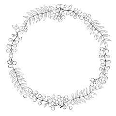 Vector wreath of contour rowan leaves and berries. Round autumn frame, border in doodle style. Theme of happy fall, nature, forest, thanksgiving