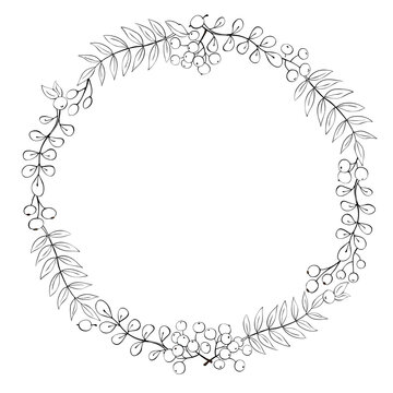 recommend clip art: Vector wreath of contour rowan leaves and berries. Round autumn frame, border in doodle style. Theme of happy fall, nature, forest, thanksgiving