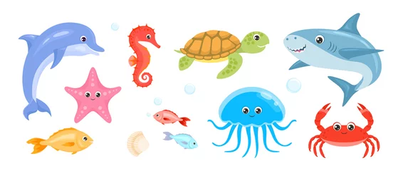Papier Peint photo Vie marine Cartoon sea animals set. Cute funny crab, fish, jellyfish, turtle, starfish, seahorse, dolphin and shark. Vector flat illustration isolated on white.