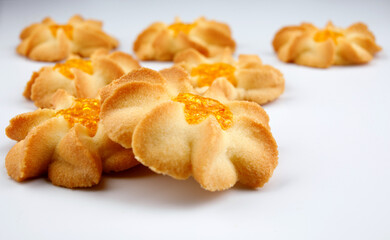 Shortbread cookies on a light background . Kurabye cookies with jam .