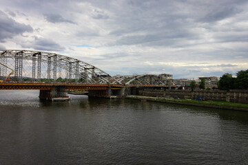 29-05-2022. krakow-poland. The Vistula River that runs through the middle of the city of Krakow in Poland and the bridge over it, top view