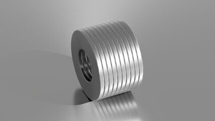 Hardware concept. Shiny metal washers on a metal surface. Abstract industrial minimalistic background. 3d illustration