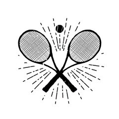 Two tennis rackets and a baall. Tournament emblem
