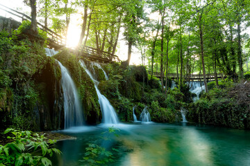 Landscape with waterfalls on Pliva river near Jajce city. Bosnia and Herzegovina.
