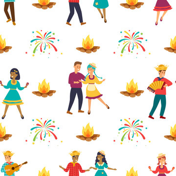 Latin American holiday Festa Junina, dancing young people on the background of a fire and fireworks. Seamless Vector Illustration.
