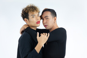 asian gay couple lay down isolated white background. lgbtq and lgbtq+ pride month concept