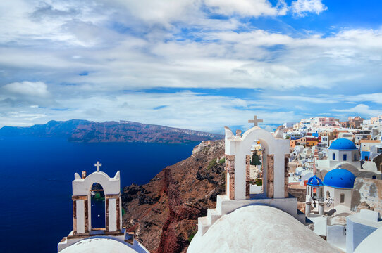 Santorini scenry , iconic view of Oia village with churches. Greece, Cyclades