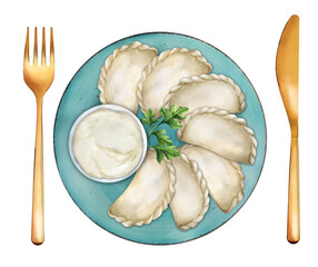 Vareniki on a plate with sour cream watercolor