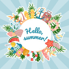 Summer cute round frame on blue background. Template for design. Many objects. Vector illustration. cartoon style