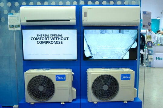 Modern Heat pumps Midea set on stand during an exhibition. Kyiv, Ukraine