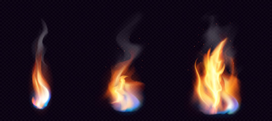 Fire PNG. Realistic Fire Flames with smoke, blue fire and sparkles transparent on dark background. Burning red wildfire flames set, burn bonfire silhouette and blazing fiery spurts of flame