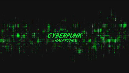 Abstract vector green cyberpunk halftone sound wave. Scrathed dotted texture element.