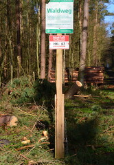 Schild Waldweg und Notfall Treffpunkt in der Lüneburger Heide, Walsrode, Niedersachsen