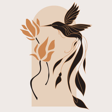 Silhouette of magical bird with flowers, vector set. Mystical abstract form in the style of Matisse. Abstract body art design for print, cover, wallpaper, minimal wall art.