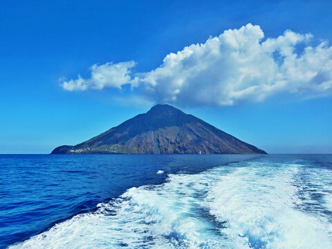 Italy,Calabria-view from the boat to the volcano Stromboli