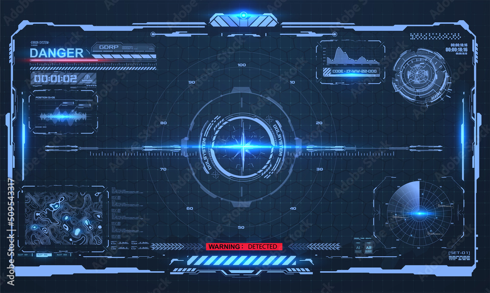 Poster Layout, a template of a digital spaceship screen with a view of graphs and data. User interface or graphical interface of a sci-fi space game. Technology of aiming and aiming the target in hud style.