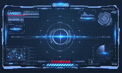 Layout, a template of a digital spaceship screen with a view of graphs and data. User interface or graphical interface of a sci-fi space game. Technology of aiming and aiming the target in hud style.