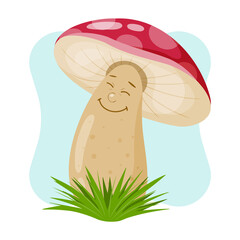 Fun mushroom fly agaric. The character smiles. Cartoon style. Children illustration. Vector illustration