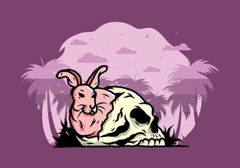 Rabbit hiding inside human skull illustration design