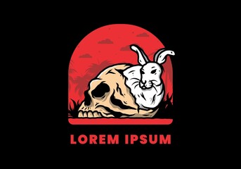 Rabbit hiding inside human skull illustration design