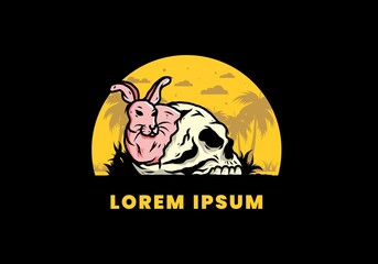 Rabbit hiding inside human skull illustration design