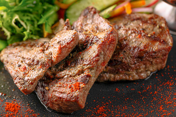 Closeup on grilled beef meat with salad and condiments dish