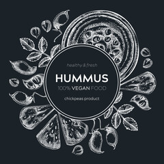 Hummus wreath design on chalkboard. Mediterranean food, ingredients, plants, pita sketches. Vegan food illustration. Hand-drawn hummus in plate, pita, and chickpeas for menu, recipe, or packaging