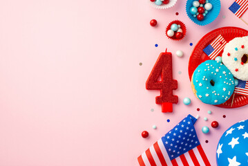 Obraz premium USA Independence Day concept. Top view photo of number 4 candle national flag paper molds with candies plate with glazed donuts balloon and confetti on isolated pastel pink background with empty space