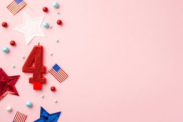 Obraz premium USA Independence Day concept. Top view photo of number 4 candle national flags stars and scattered candies on isolated pastel pink background with blank space