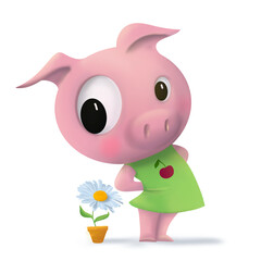 cute pig cartoon character in green dress with chamomile in a flower pot. Funny character with a smiling face and big eyes. Pink friendly creature isolated on white background.