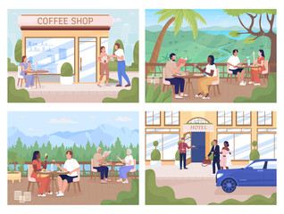 People spending time in public places flat color vector illustrations set. Fully editable 2D simple cartoon characters with city view on background collection. Tapestry Regular, Recursive fonts used