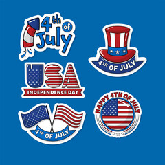 Sticker Style 4th Of July, USA Independence Day Font With American Flag, Fireworks Rocket And Uncle Sam Hat On Blue Background.