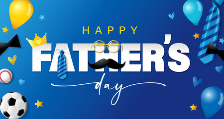 Happy Fathers Day blue poster with crown, tie, glasses and mustache. Father's day sale promotion elegant quote calligraphy with doodle whisker. Vector illustration