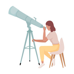 Woman observing celestial bodies semi flat color vector character. Editable figure. Full body person on white. Scientific simple cartoon style illustration for web graphic design and animation